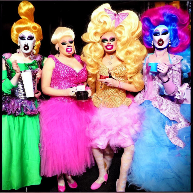 Four individuals in vibrant drag queen attire posing with drinks