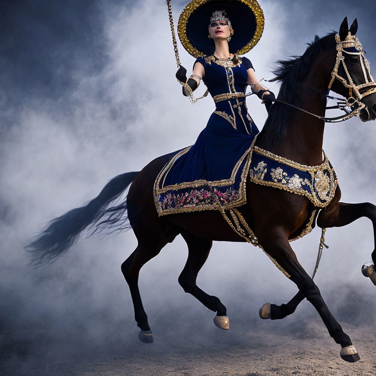 Person in Blue and Gold Costume Riding Dark Horse Amidst Dust Cloud
