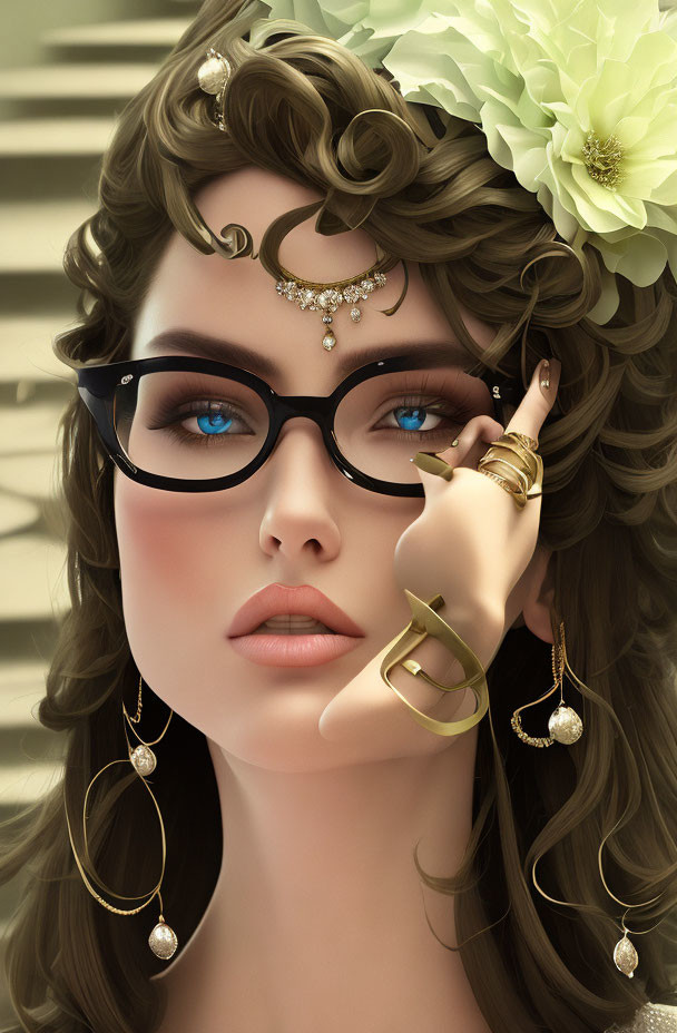 Portrait of woman with blue eyes, glasses, earrings, and floral headpiece.