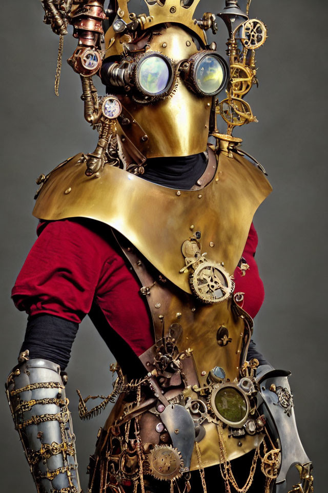 Intricate Steampunk Costume with Brass Helmet & Goggles