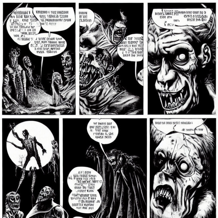 Horror-themed black and white comic strip with zombies and skeletons.