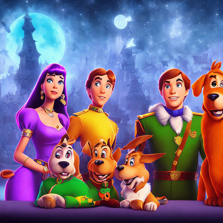 Princess, two men, and three dogs in front of castle at night