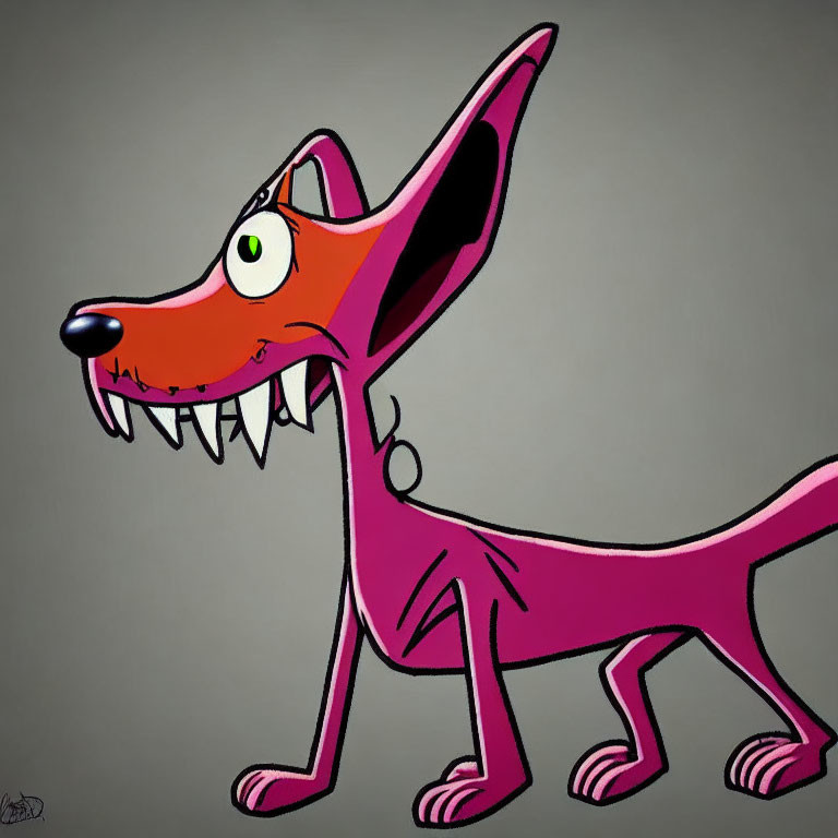 Pink slender dog with large ears and green eye in mischievous cartoon illustration