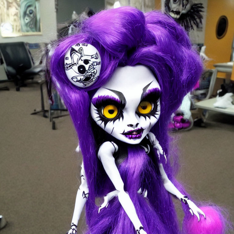 Customized Doll with Purple Hair, Yellow Eyes, Gothic Makeup, and Pirate Hat