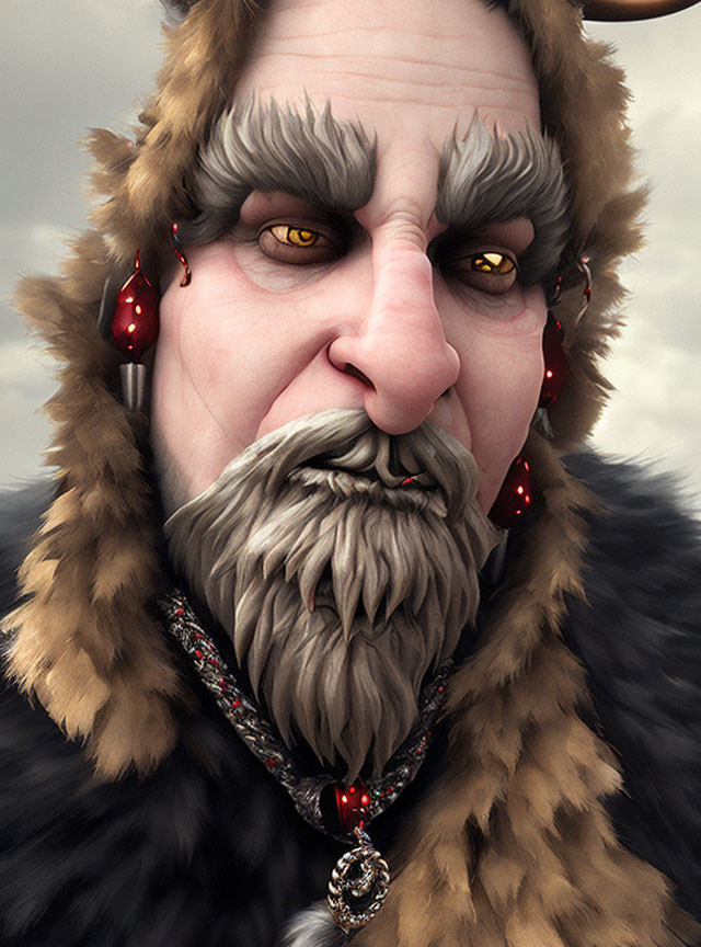 Detailed digital portrait: stern-faced fantasy character with fur collar, bushy eyebrows, full beard, red