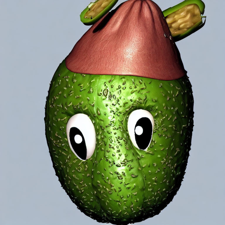 Green Avocado Character with White Eyes and Brown Stem Hat