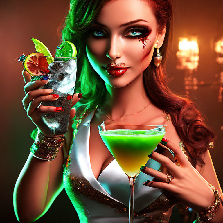 Stylized portrait of a woman with green eyes holding a cocktail