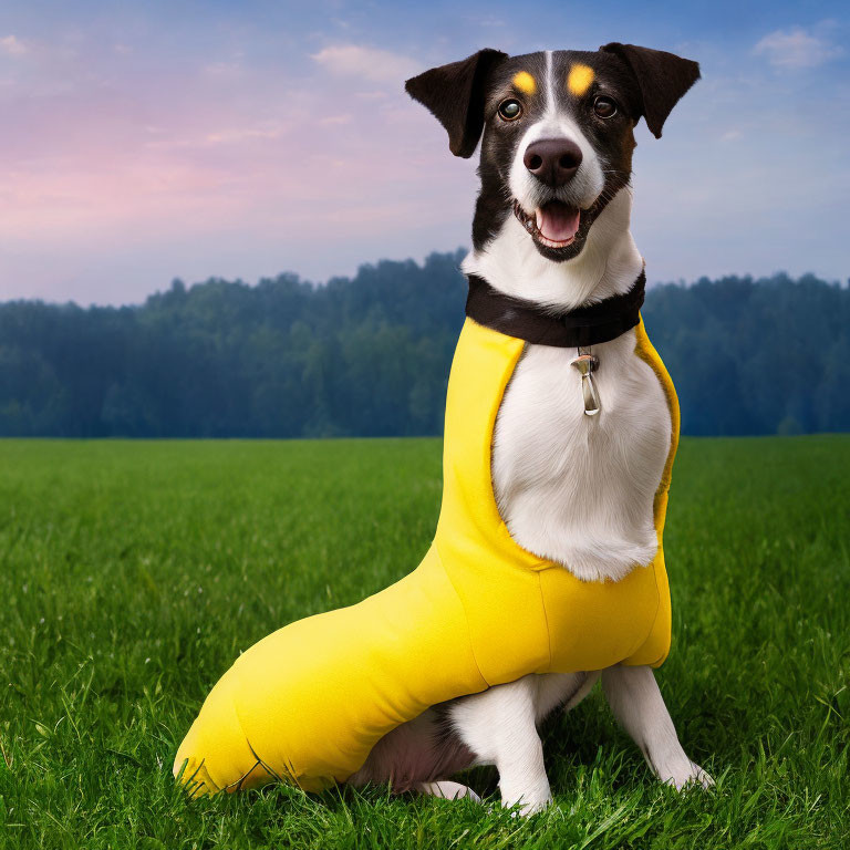 Smiling dog in yellow bodysuit on grass field at twilight