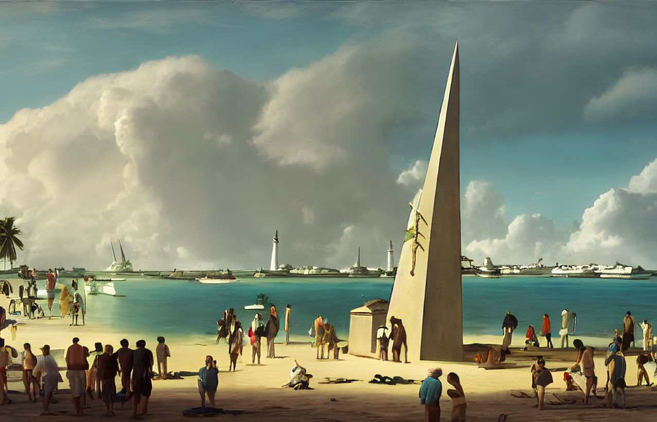 Beach scene with people, sail-like monument, boats, lighthouse, and clouds