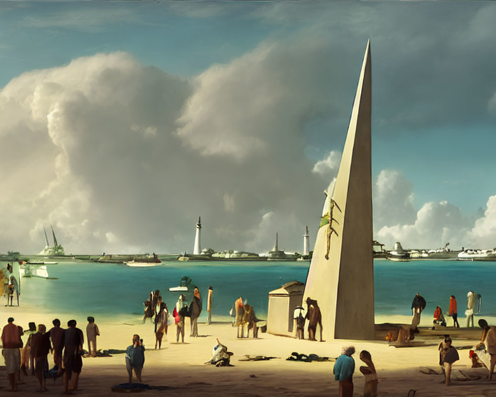 Beach scene with people, sail-like monument, boats, lighthouse, and clouds