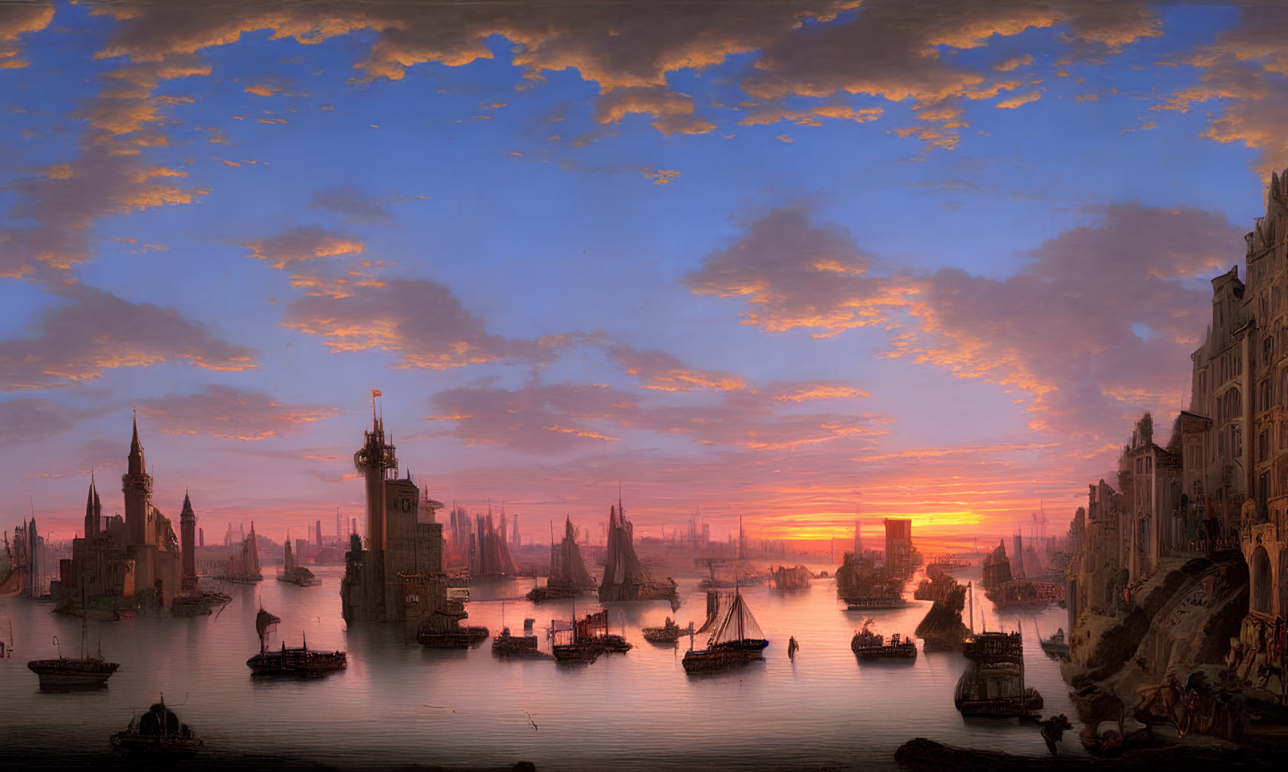 Harbor scene at sunset with ships and ornate buildings