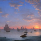 Harbor scene at sunset with ships and ornate buildings