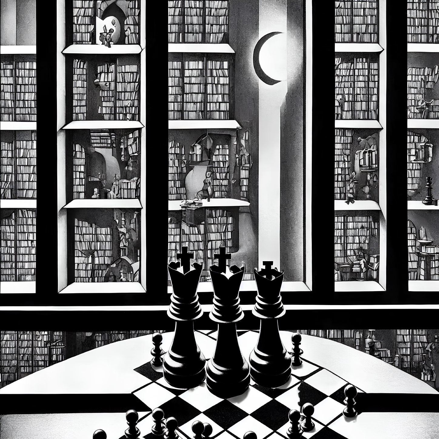 Surreal black and white library illustration with chess pieces and books