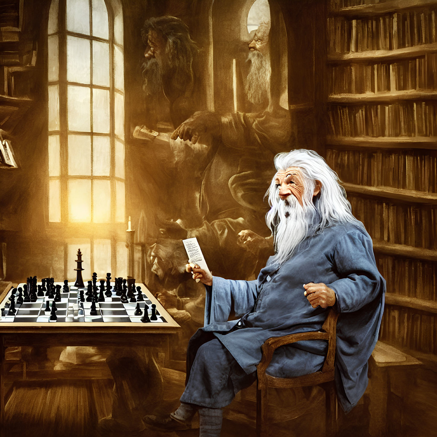 Elderly wizard reading scroll in book-filled room with chess set