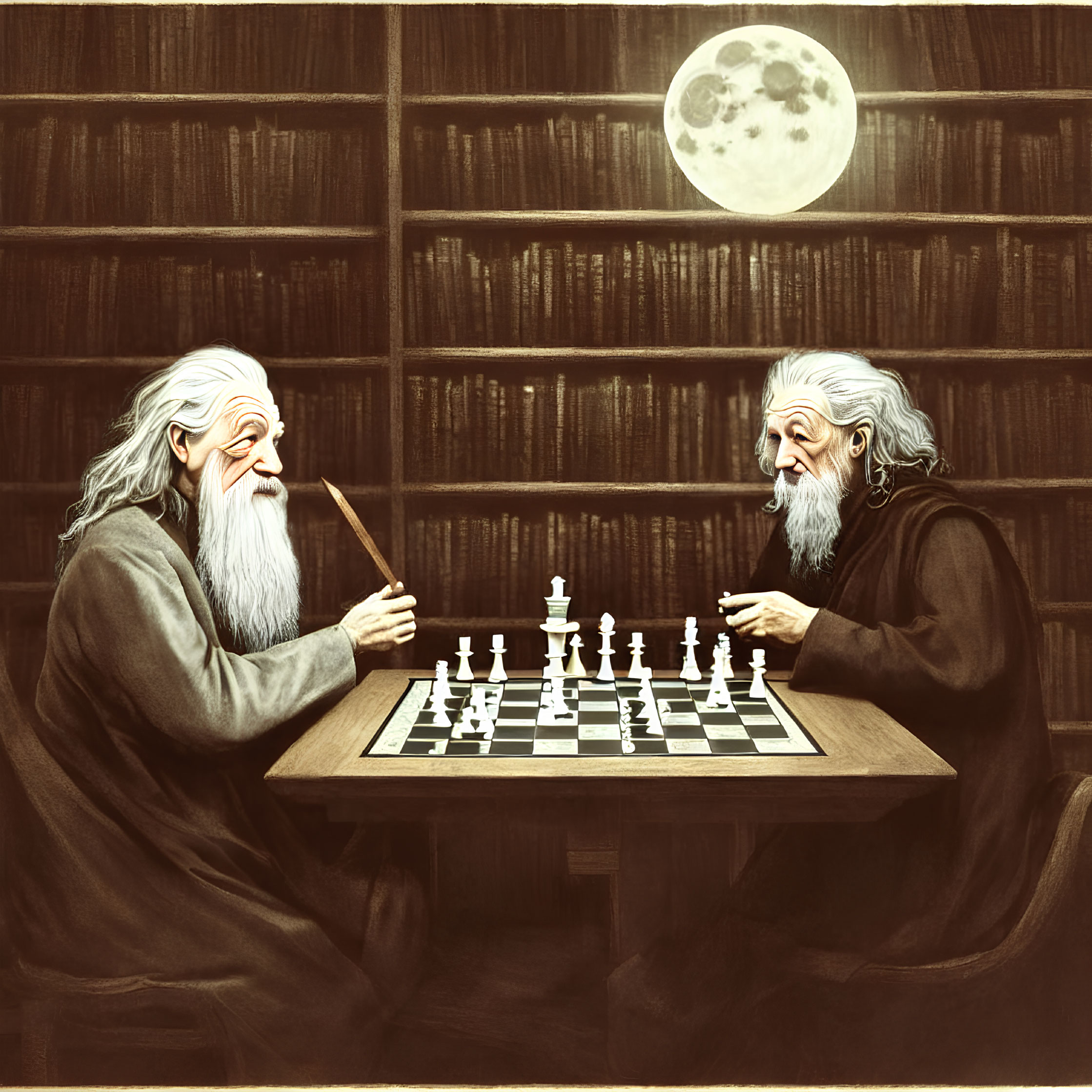Elderly wizards playing chess in wood-paneled library under full moon