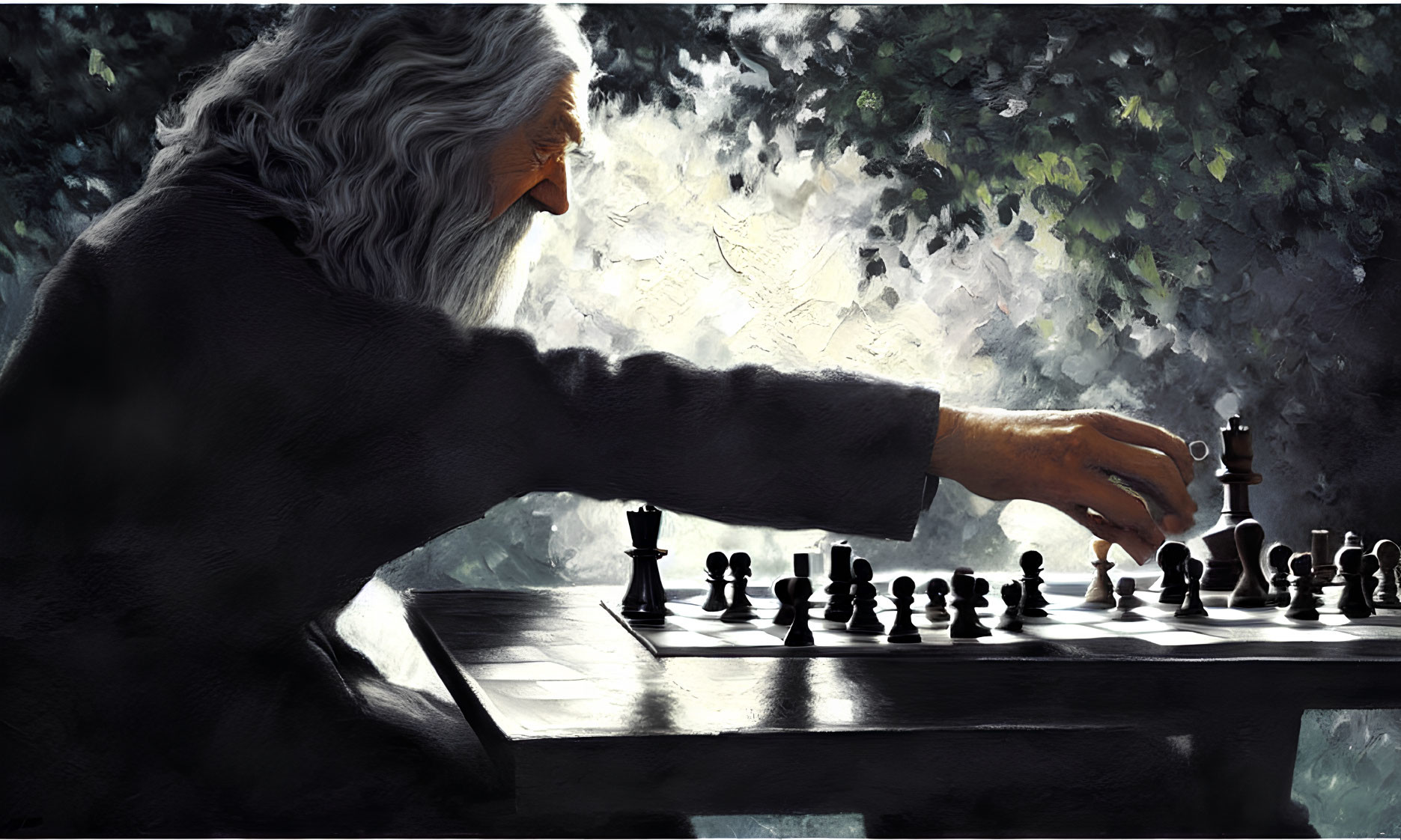 Elderly man with white hair and beard playing chess game