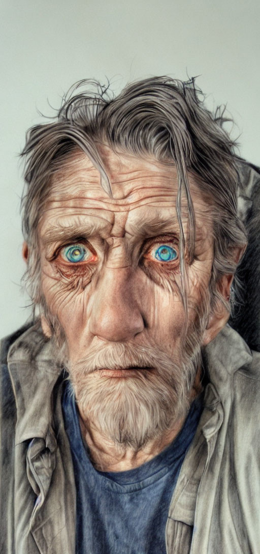 Detailed portrait of elderly man with deep-set blue eyes, prominent wrinkles, unkempt grey hair