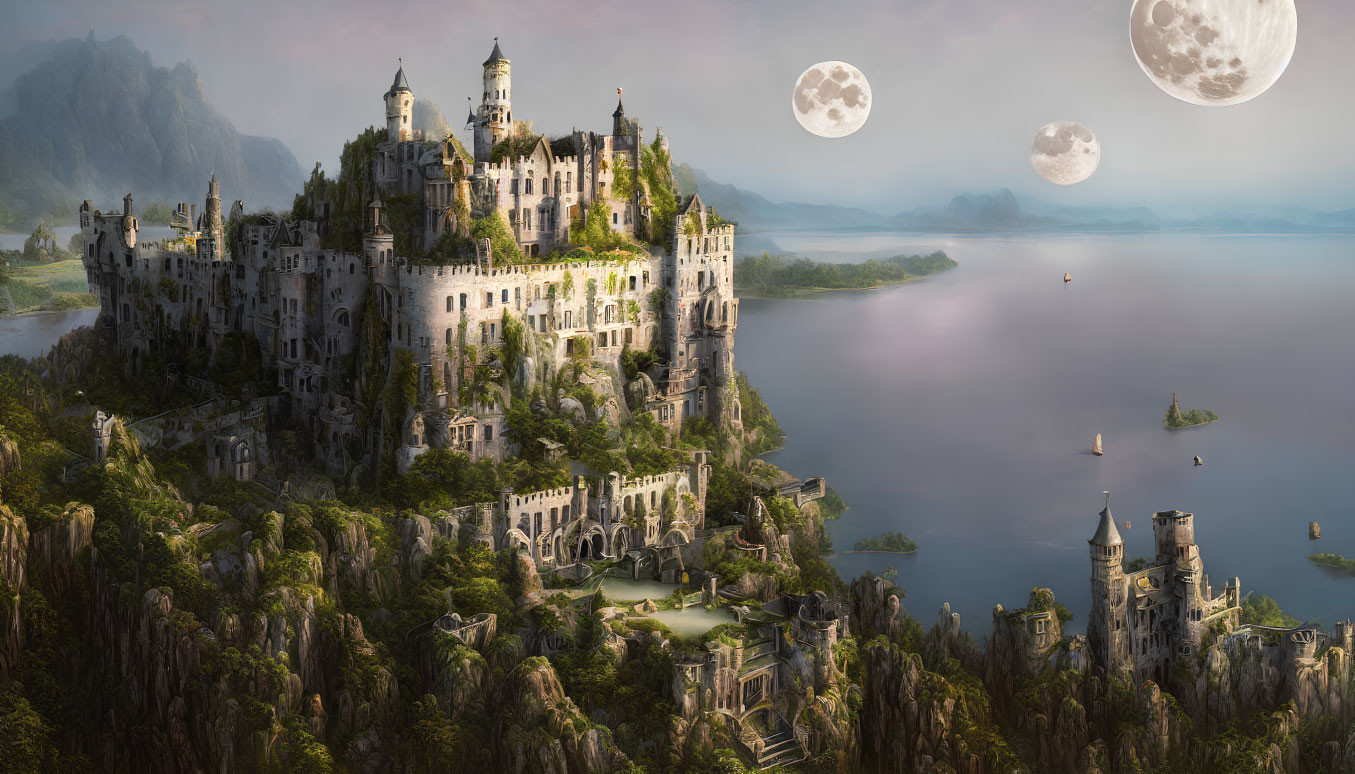 Fantasy castle on rugged cliffs with double moons, lush forests, and tranquil lake.
