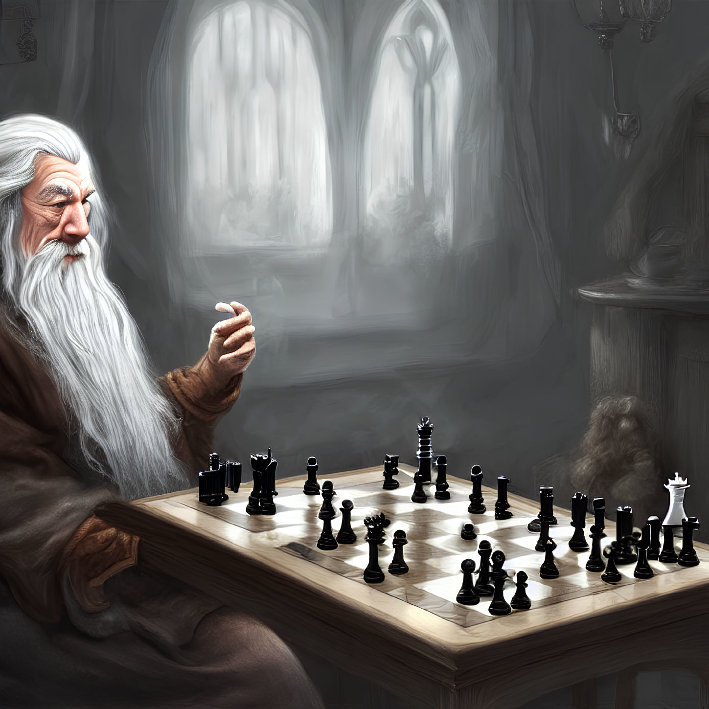 Elderly wizard playing chess in atmospheric room