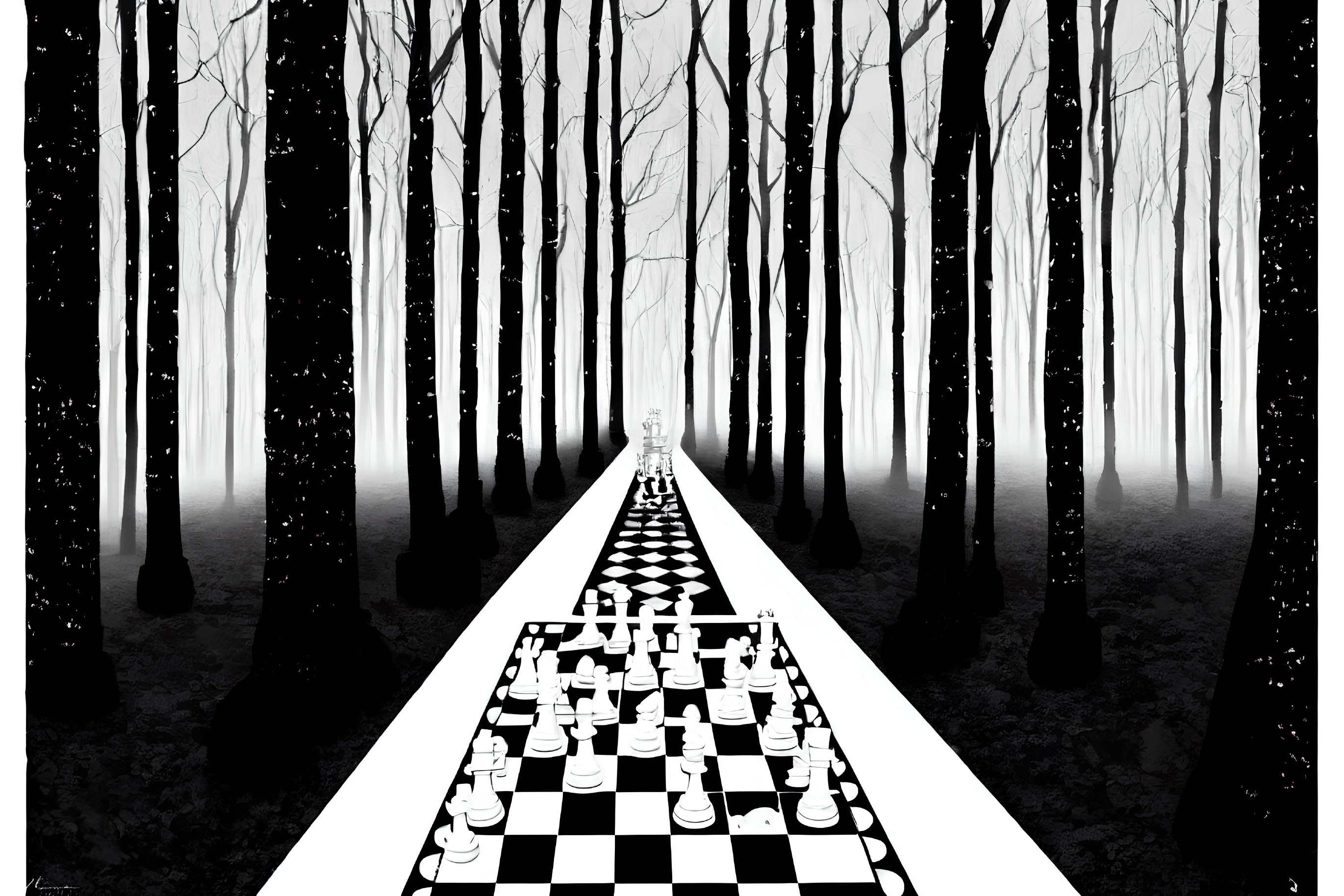 Monochrome chessboard path to misty forest with figure