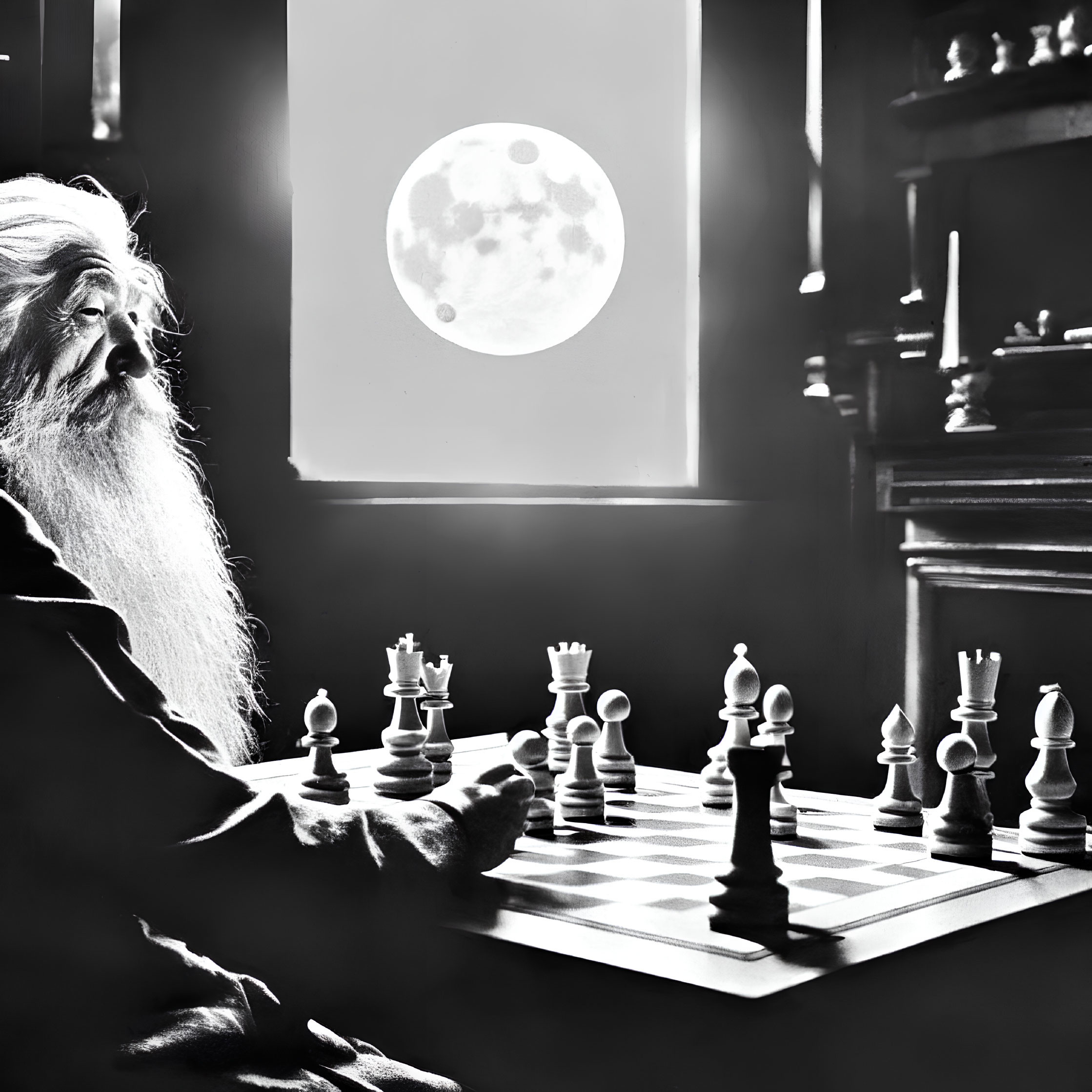 Monochrome image of bearded person contemplating chessboard by moonlit window