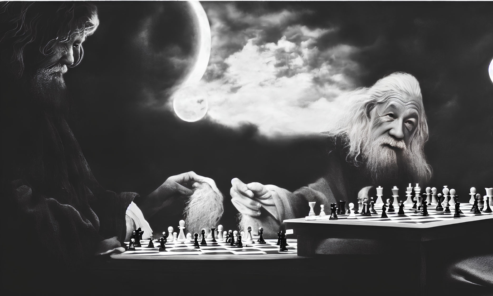 Two elderly wizards playing chess under crescent moon in cloudy night.