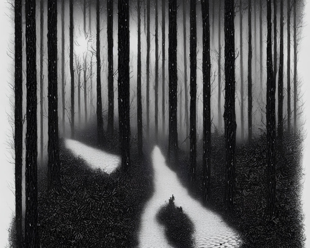 Monochrome illustration of misty forest with tall trees and path.