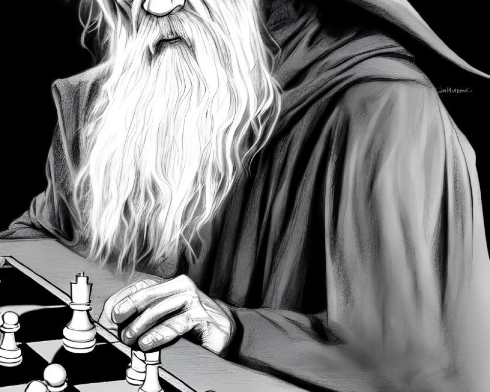 Monochrome illustration of elderly wizard playing chess