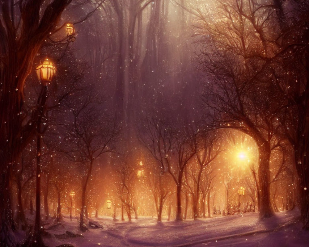 Snowy Forest Glade with Vintage Street Lamps and Snowfall