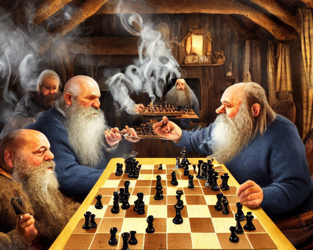 Four Bearded Individuals Playing Chess in Cozy Cabin