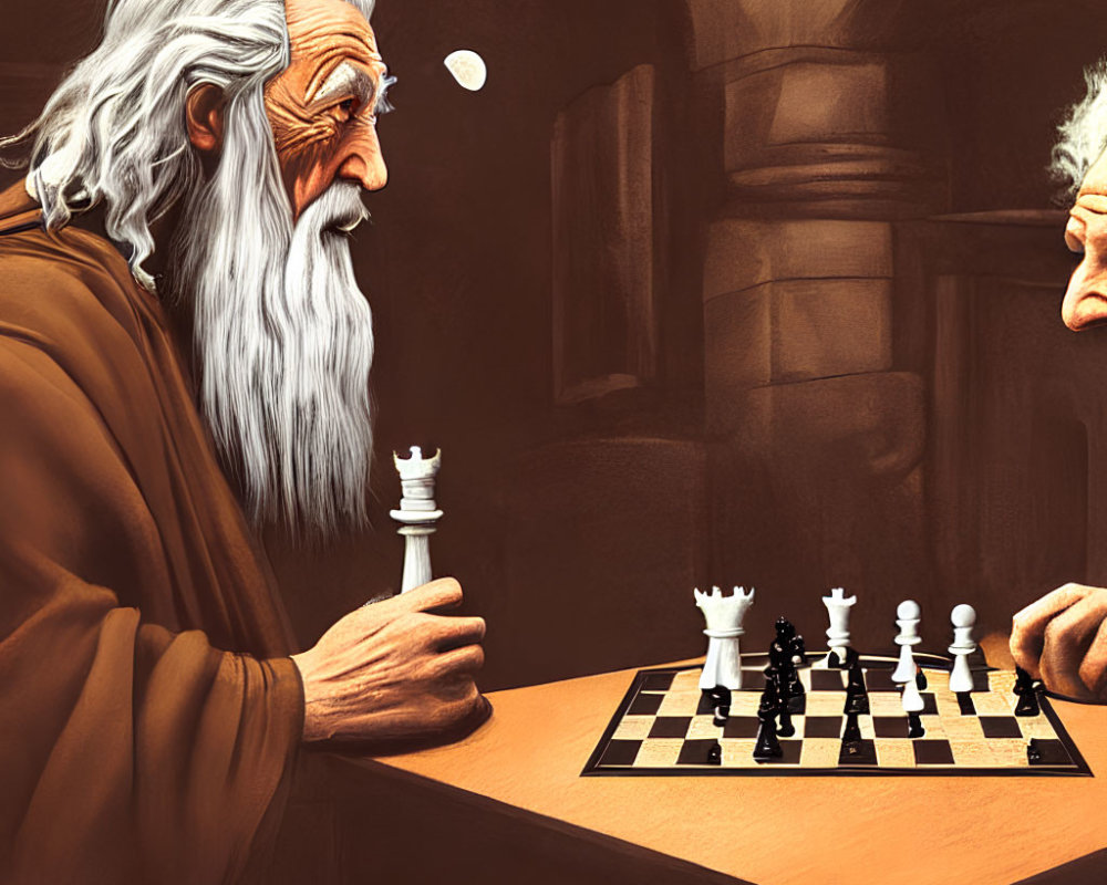 Elderly bearded men playing chess in cozy stone-walled room