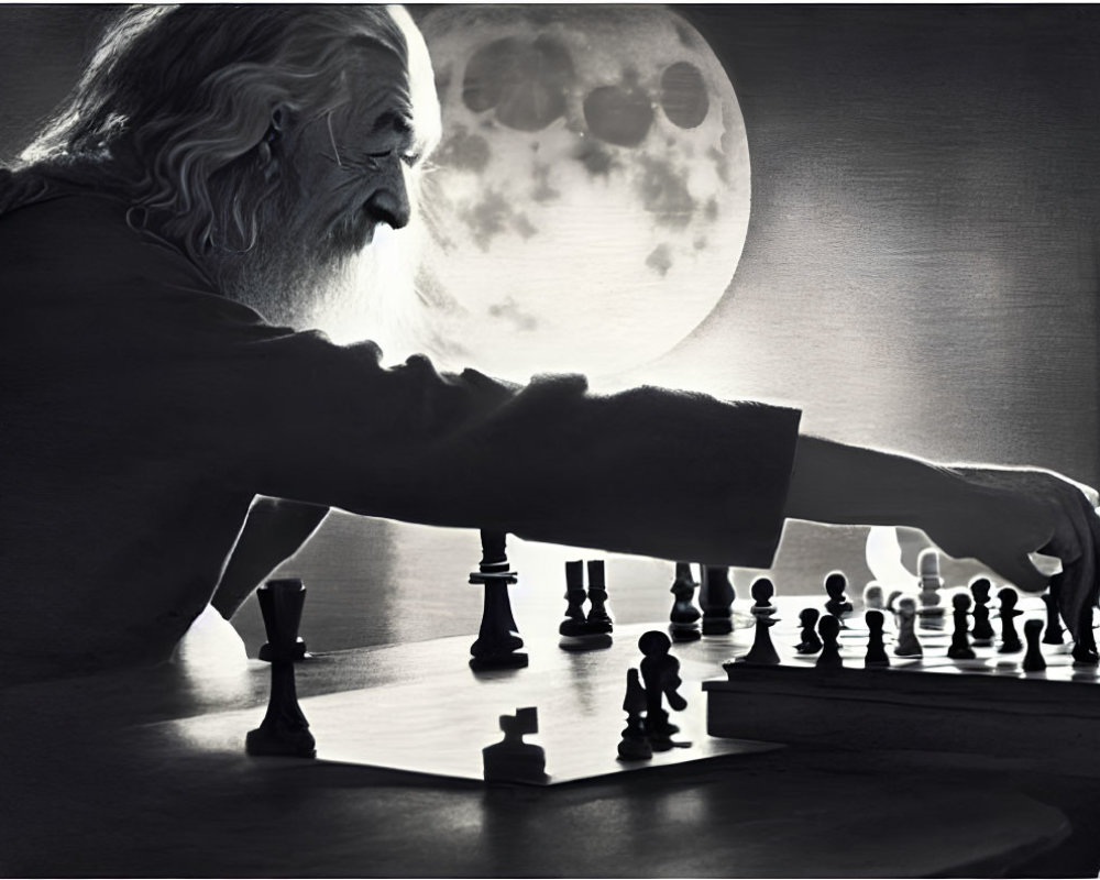 Elderly man playing chess by moonlight with opponent's silhouette