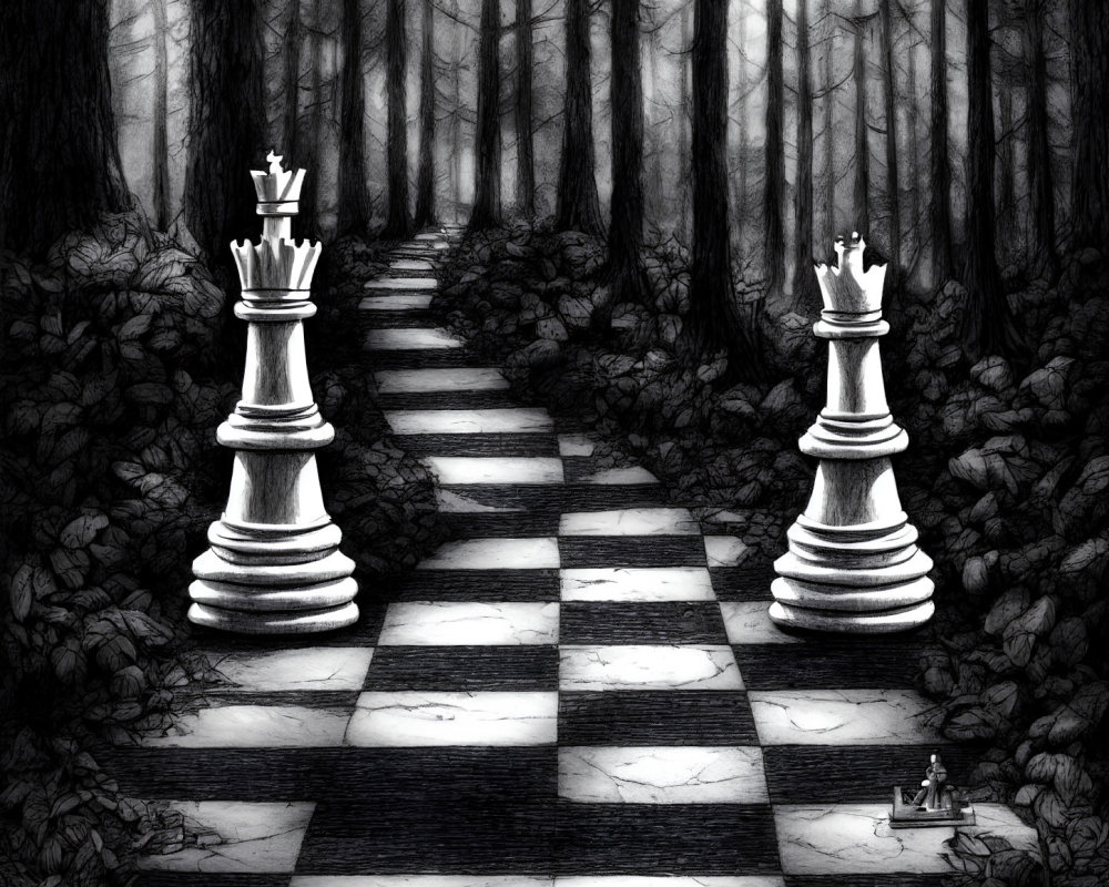 Monochromatic fantasy art: life-sized chessboard path in forest