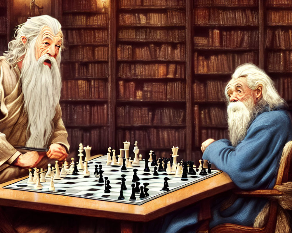 Elderly wizards playing chess in bookshelf-lined room