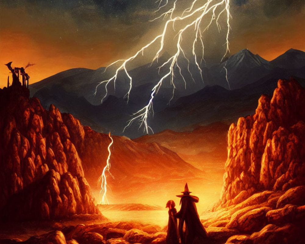 Mysterious cloaked figure in stormy landscape with lightning bolts
