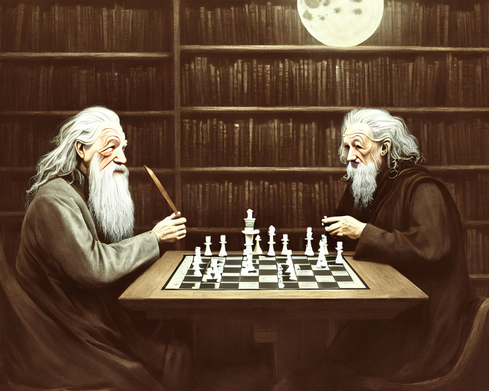 Elderly wizards playing chess in wood-paneled library under full moon