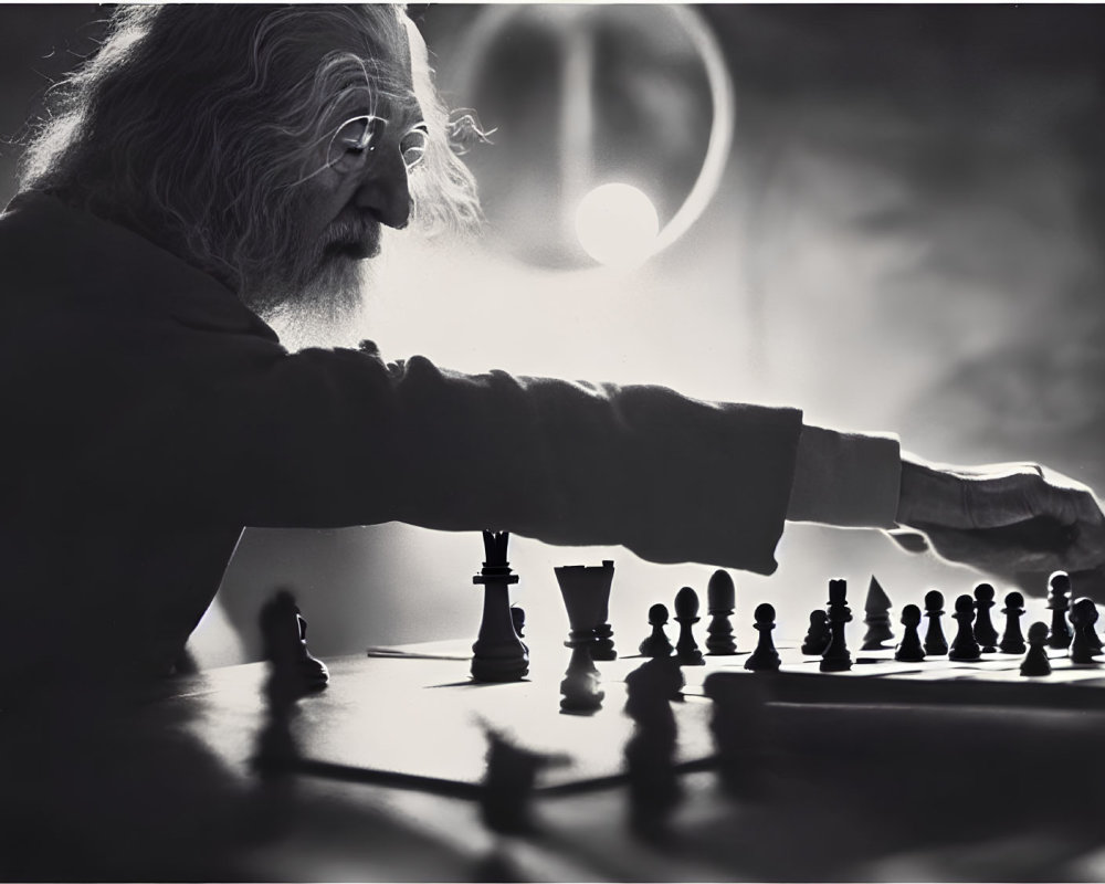 Elderly man playing chess in soft light against dark background