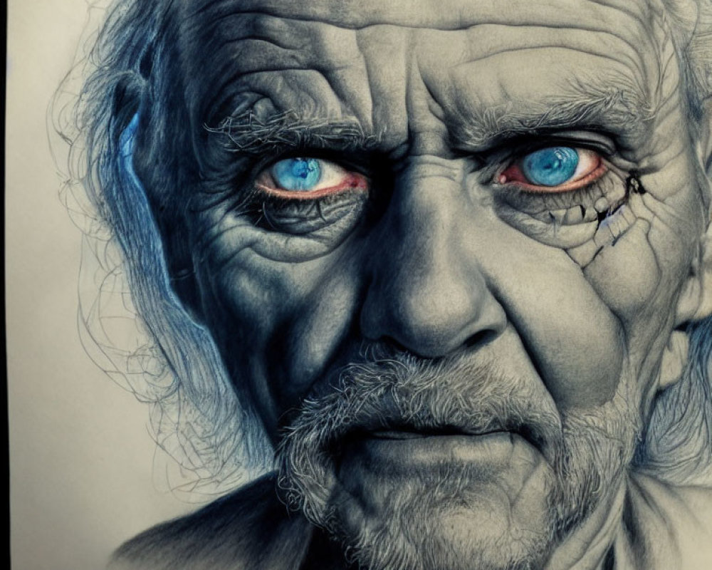 Sketch of Elderly Man with Deep Wrinkles and Piercing Blue Eyes