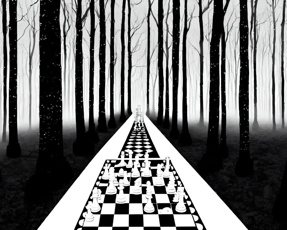 Monochrome chessboard path to misty forest with figure