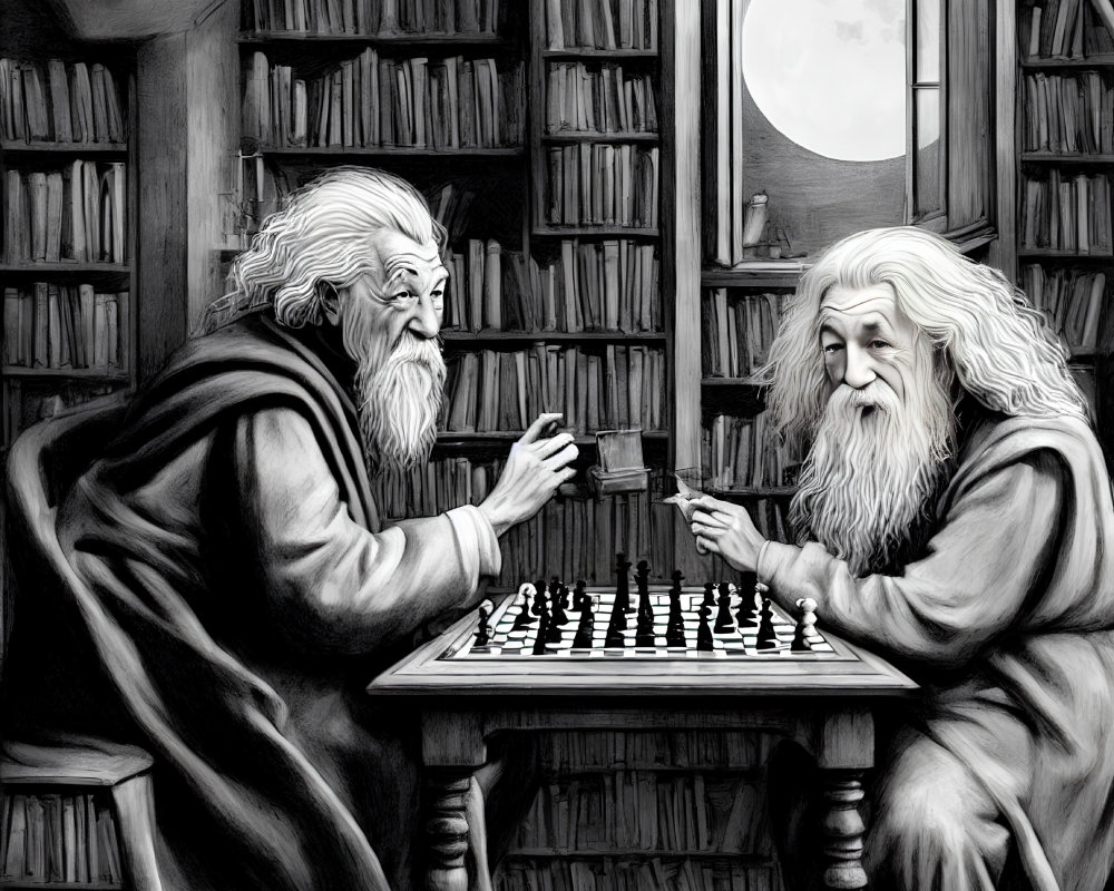 Elderly wizards playing chess in moonlit library