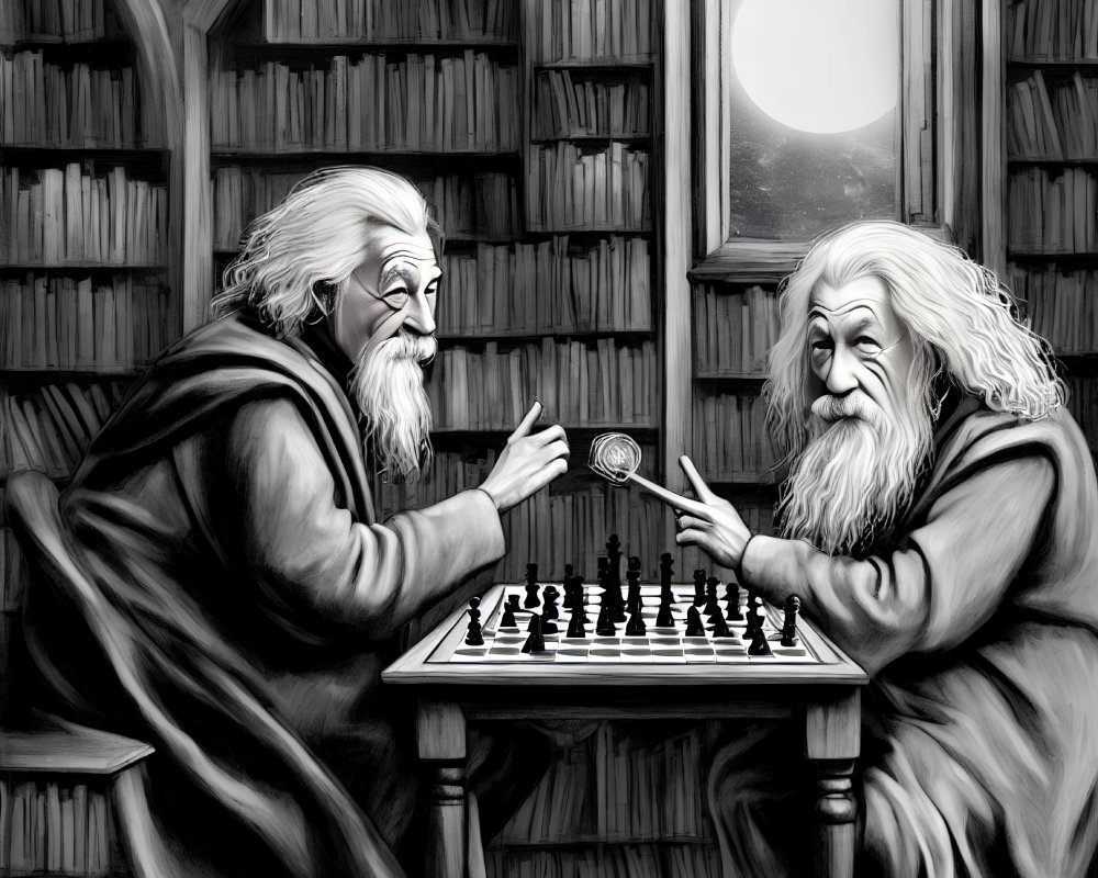 Elderly bearded men playing chess in library under full moon