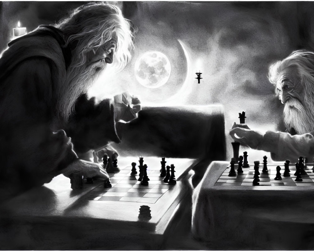 Elderly wizard-like figures playing chess under the full moon
