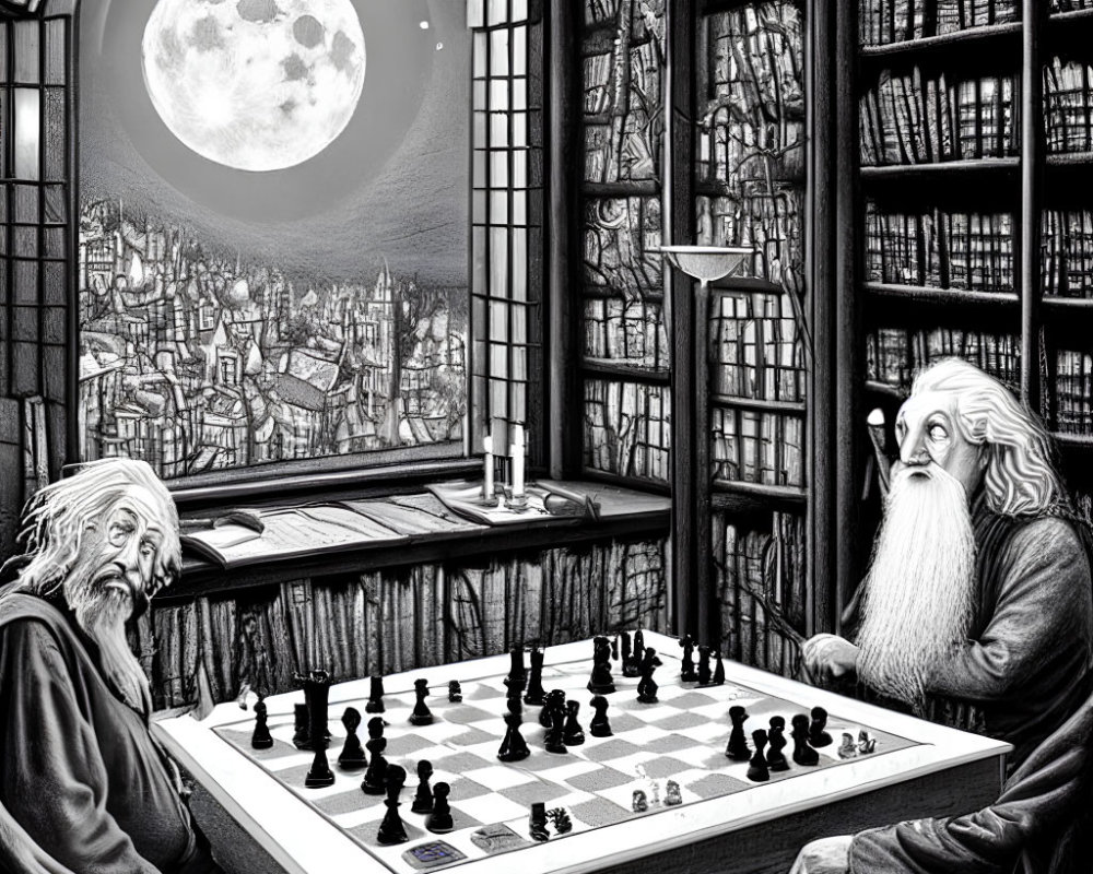 Bearded figures play chess in gothic library with moonlit medieval town view
