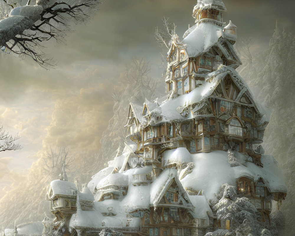 Detailed Fantasy House in Snowy Landscape with Towers and Bare Tree