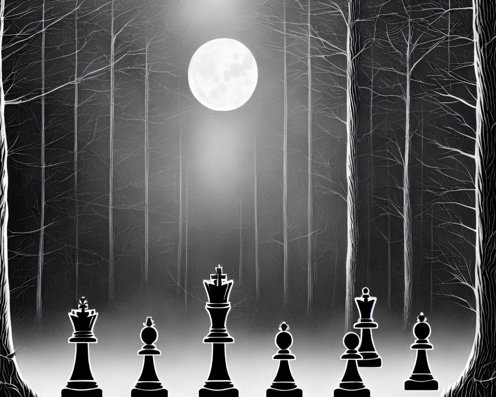 Moonlit Forest Scene with Silhouetted Trees and Black Chess Pieces