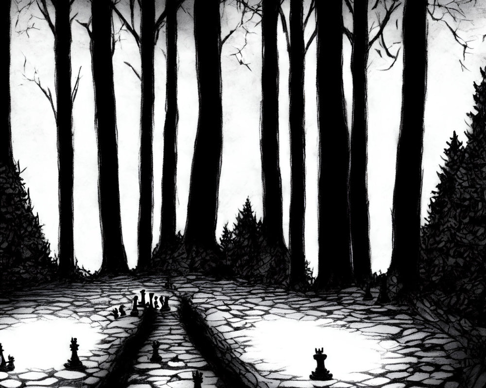Monochrome illustration of shadowy forest with stone pathway, bare trees, and scattered chess pieces
