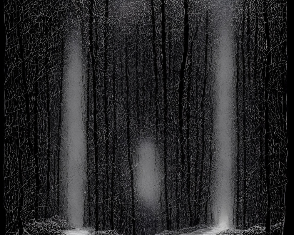 Monochrome spooky forest illustration with chessboard and orbs