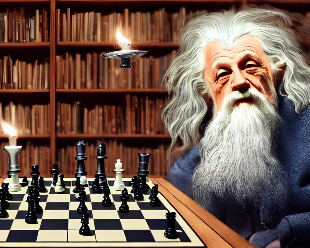 Elderly man with white beard in library with chessboard
