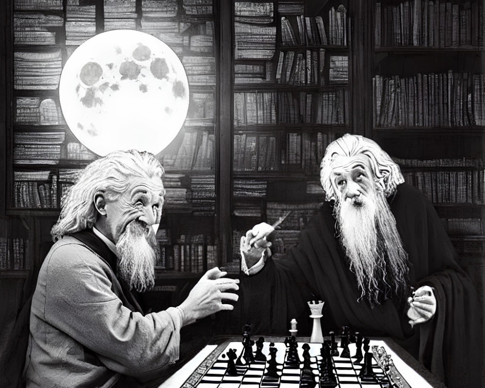 Elderly wizards playing chess in moonlit library