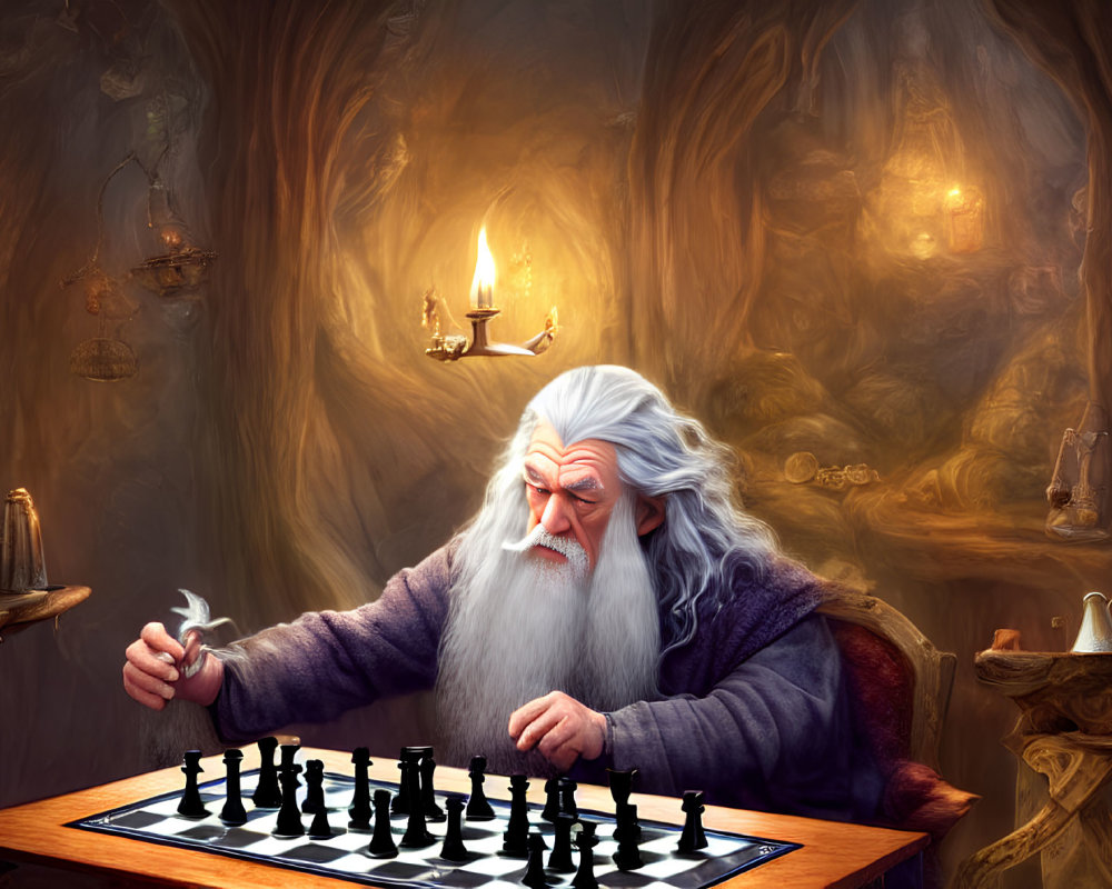 Elderly wizard playing chess in mystical cavernous room